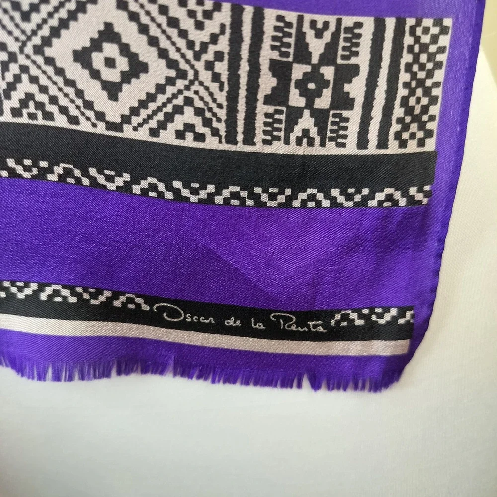 Oscar de la Renta Silk Scarf 51x10 Geometric Tribal Bohemian Purple Pink Grey